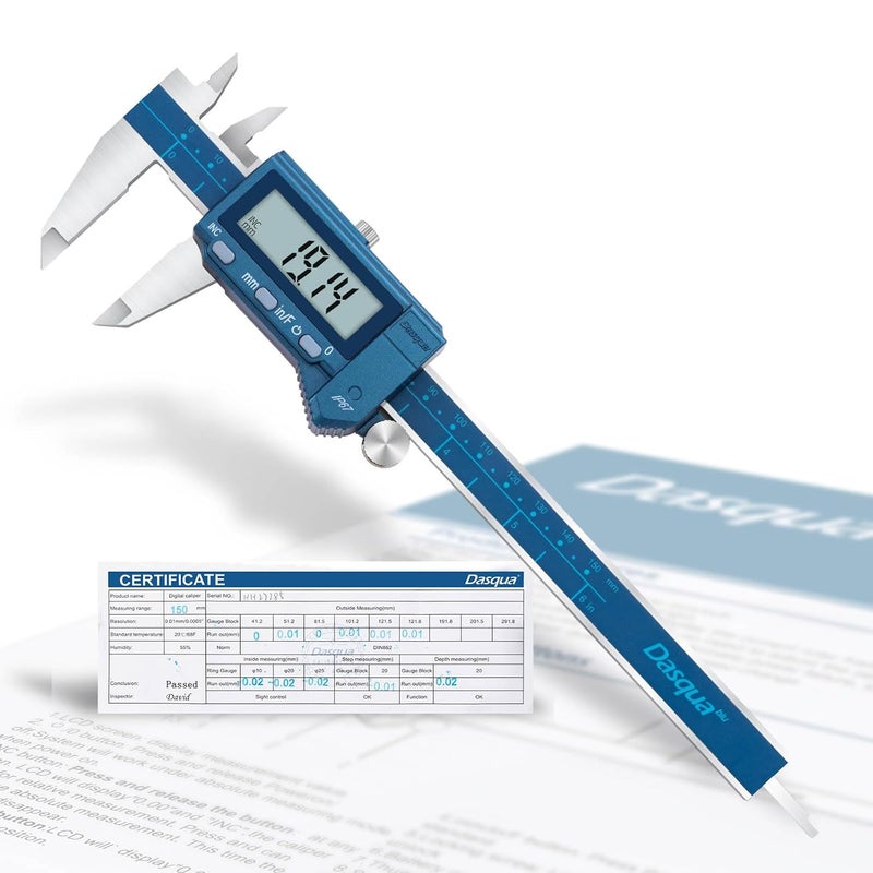 Dasqua 6”/150mm IP67 Absolute Origin Digital Caliper, Stainless Steel, Accuracy ±0.001”/0.02mm, Resolution 0.0005"/0.01mm/1/128, Water/Coolant/Dust Protection, in/mm/Fraction Conversion - Image 1